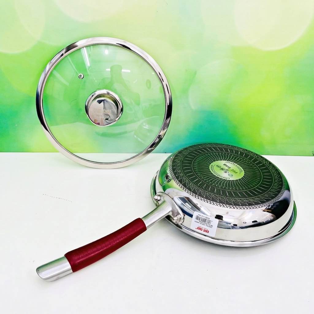 24cm Uncoated Honeycomb Design Stainless Steel Non-Stick Fry Pan with Lid