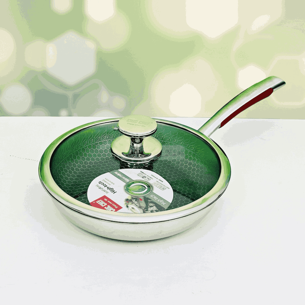 24cm Uncoated Honeycomb Design Stainless Steel Non-Stick Fry Pan with Lid