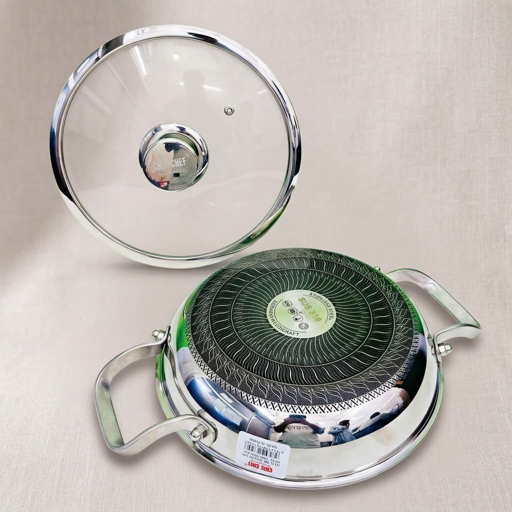 26cm Uncoated Honeycomb Design Stainless Steel Non-Stick Cookware / Karai with Lid
