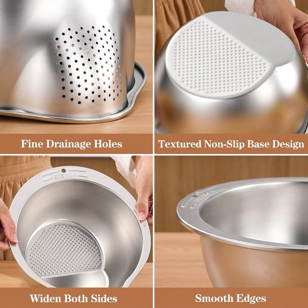 10.5 Inch Vegetable, Fruit Strainer Bowl, Washing Bowl, Stainless Steel Rinsing Bowl with Side Drainers