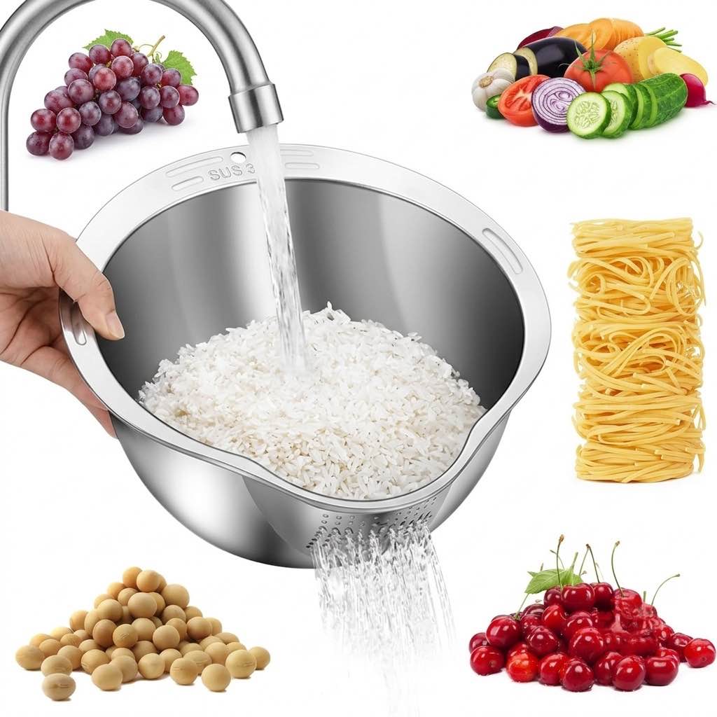 10.5 Inch Vegetable, Fruit Strainer Bowl, Washing Bowl, Stainless Steel Rinsing Bowl with Side Drainers