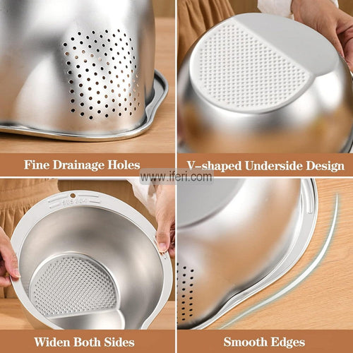 10.5 Inch Vegetable, Fruit Strainer Bowl, Washing Bowl, Stainless Steel Rinsing Bowl with Side Drainers TG10674